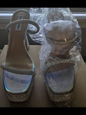 Steve Madden Crystal-Strap Iridescent Platform Sandals - Silver